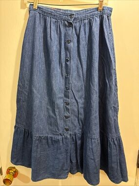 Vtg 70s Landlubber Prarie cottagecore westeButton-Front Maxi Denim Skirt in Blue